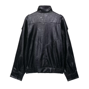 Classic black faux leather moto jacket with a textured finish and stylish stand collar
