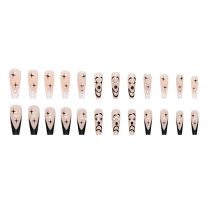 Yin Yang black and white smiley face coffin press-on nails with star patterns and rhinestones