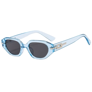 Retro geometric light blue sunglasses with black lenses and gold metal hinge accents