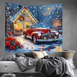 Détail d'une tapisserie de Noël montrant une voiture rouge et un chalet sous la neige
