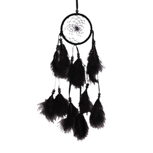 Handmade black dream catcher with woven net, decorative beads and soft feathers