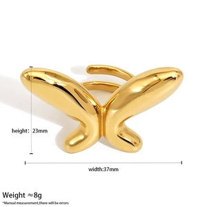 Detailed view of gold butterfly open ring with dimensions 23mm height and 37mm width