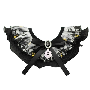 Adjustable Halloween pet collar with ruffled lace, ghost charm, and gemstone bow decoration