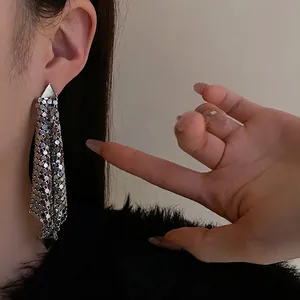 Silver sequin tassel drop earrings featuring a metallic mesh triangle drape on model