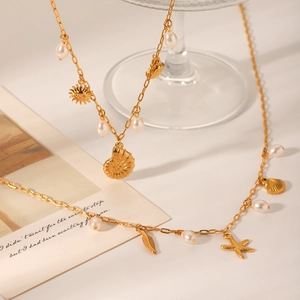 Golden ocean style stainless steel necklace with starfish seashell pendants and pearls