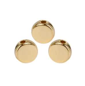 Three gold CCB flat round spacer beads for DIY jewelry making on white background