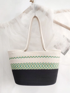 Large Capacity Woven Cotton Rope Tote Bag Multi Tone Color Blocked Beach Vacation Shoulder Handbag For Women Summer