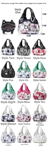 Detailed catalog showing 16 patterns of printed PU handbags with specific dimensions and styles