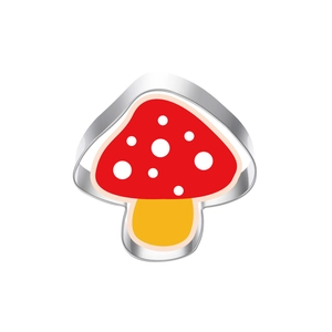 Detail view of a mushroom shaped stainless steel cookie cutter for Thanksgiving baking