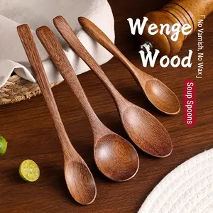 Set of four long-handled wenge wood spoons with natural grain for kitchen dining