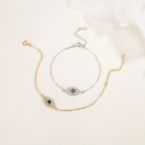 S925 sterling silver evil eye bracelet with blue stone and crystals in gold and silver