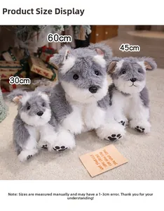 Detailed comparison of three realistic Schnauzer plush toy sizes in a cozy setting
