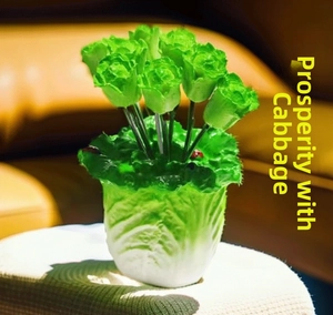 Detail view of creative cabbage shaped fruit fork set on a white knitted mat home decor