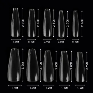 Detailed size chart showing length and width for matte coffin press-on false nail tips
