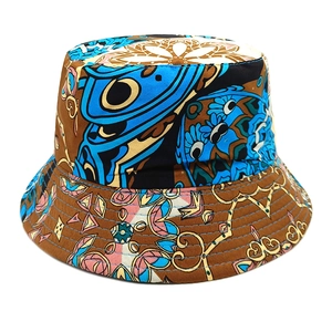 Close-up of geometric pattern sun hat with reinforced stitching and ethnic print