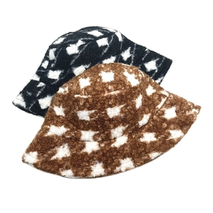 Checkerboard pattern teddy fleece bucket hat set in black, white and brown colors