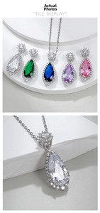 Macro detail of pear-cut colorful crystal pendants with sparkling micro-pave crown settings