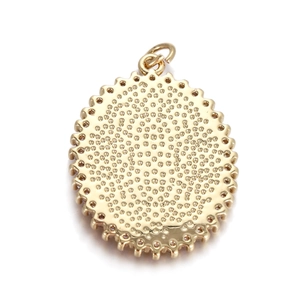Detailed back view of gold-plated pendant with textured finish and gear-edge design