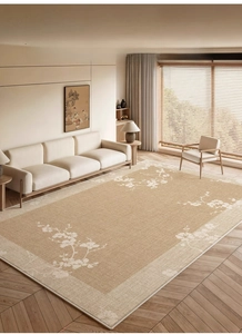 Macro detail of Courtyard Plum Blossom carpet with short-pile texture and woven edges