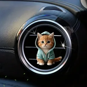 Cute 3D ginger cat figurine wearing mint green hoodie for car air vent decoration