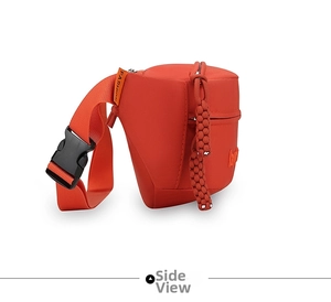 Side view of orange nylon fanny pack showing fashion ribbon and buckle detail