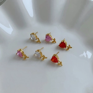 Heart Stud Earrings Stainless Steel Gold Plated Cubic Zirconia Flower Leaf Colorful Sweet Romantic Jewelry For Women