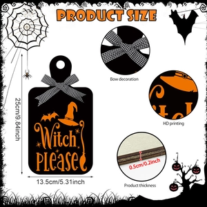 Detail of Halloween wooden sign with Witch Please text, bat icons, and plaid bow decor