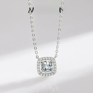 Elegant S925 sterling silver necklace with a square halo cubic zirconia pendant on a thin chain