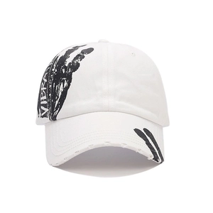 White cotton graffiti baseball cap with black VIBRA print and vintage distressed details