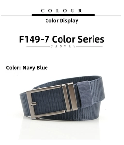 Close-up of Navy Blue canvas belt featuring a matte metal buckle and tight weave texture