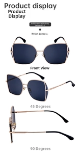 Detailed view of oversized gold frame sunglasses with gray nylon lenses from multiple angles