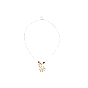 Tiger eye beaded gold necklace with dual pleated flower pendants and lobster clasp closure