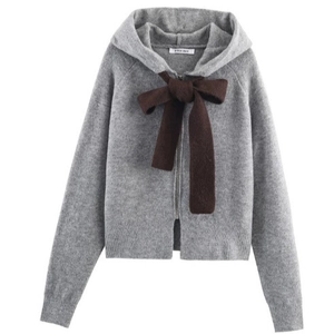 Women Hooded Knitted Cardigan Sweater Coat With Large Contrast Bow Zipper Front Long Sleeve Solid Casual Sweet Streetwear
