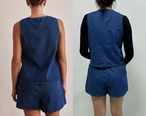 Rear view of dark blue sleeveless denim vest and cuffed shorts two-piece summer set