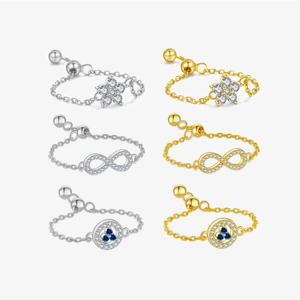 S925 Sterling Silver Adjustable Chain Ring For Women Zirconia Infinity Flower Round Blue Stone Ring Fashion Jewelry