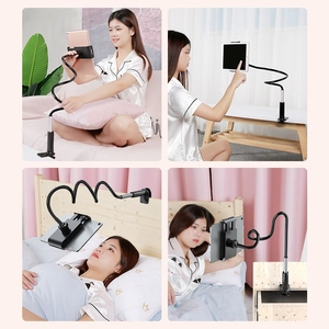 Universal black gooseneck holder for phone and tablet in bed, desk, and sofa scenes