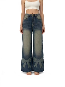 Jean large rétro délavé avec imprimé nœud, taille haute et coupe ample pour femme