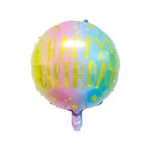 Detail of macaron gradient aluminum foil balloon with yellow Happy Birthday text