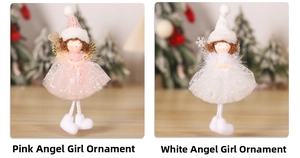 Detail showing pink and white angel doll pendants with mesh skirts for Christmas trees