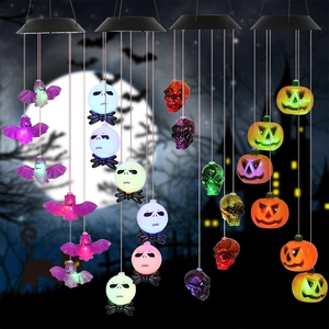 Solar Halloween wind chime lights with purple bat, skull and orange pumpkin for garden