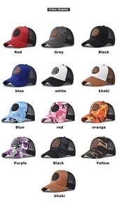 Detailed color display of cotton baseball caps with mesh back and 3D round patches
