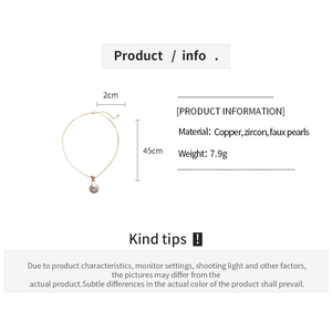 Detailed dimension guide showing 45cm copper chain with a zircon and faux pearl pendant
