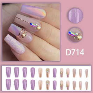 Press-on nail set D714 featuring aurora purple gradient with rhinestones and glitter
