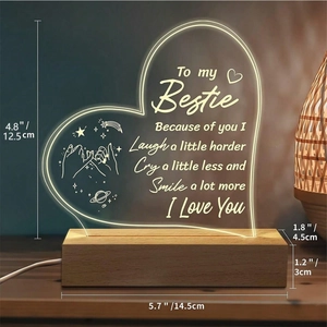Detailed size specifications for heart acrylic night light with wooden base