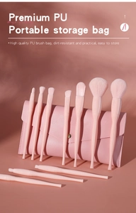 Pink makeup brush set of 10 with matching PU pouch shown in professional detail
