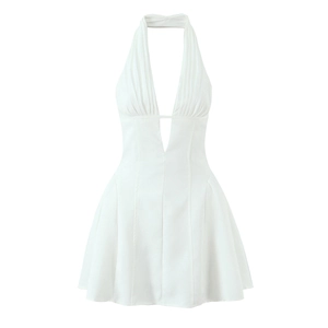 Halter Neck Backless Mini Dress White Deep V Neck Lace Splicing Pleated Ruched High Waist A-Line Summer Party For Women
