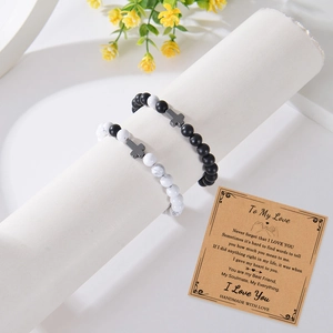 Couples minimalist beaded bracelets with matte stones, cross charms and gift card