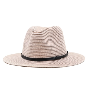 Unisex beige straw Panama fedora hat with black leather band for summer beach vacation