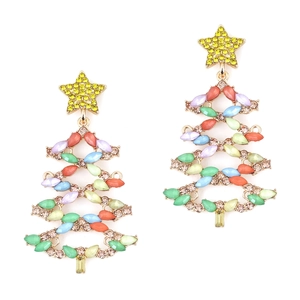Christmas Tree Drop Earrings Hollow Alloy With Colorful Rhinestones And Stainless Steel Earring Post Holiday Jewelry