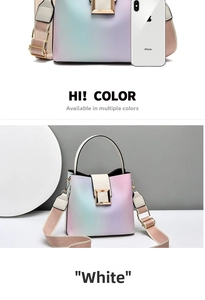 Detailed view of bucket bag showing pastel gradient texture and canvas strap